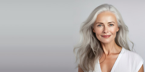 Beautiful woman with smooth healthy face skin. Gorgeous aging mature woman with long gray hair and happy smiling. Beauty and cosmetics skincare advertising concept. With copy space. - obrazy, fototapety, plakaty