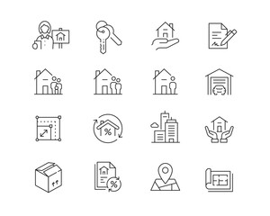 Property Real Estate Icon collection containing 16 editable stroke icons. Perfect for logos, stats and infographics. Edit the thickness of the line in any vector capable app.