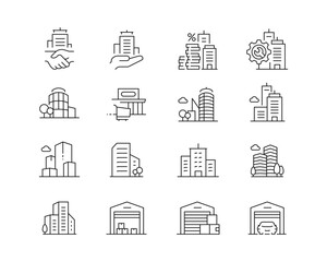 Commerical Buildings Icon collection containing 16 editable stroke icons. Perfect for logos, stats and infographics. Edit the thickness of the line in any vector capable app.