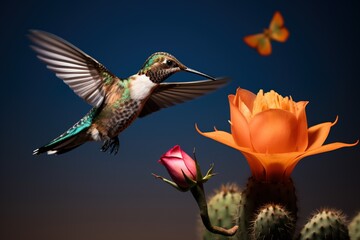 Hummingbird hovering in slow motion near a cactus flower - obrazy, fototapety, plakaty