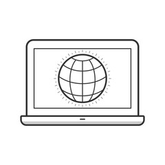 Web globe symbol on laptop screen. Digital learning icon. Vector illustration outline flat design style.