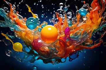 Obraz na płótnie Canvas Liquid soap bubbles captured mid-burst, creating a multicolor splash
