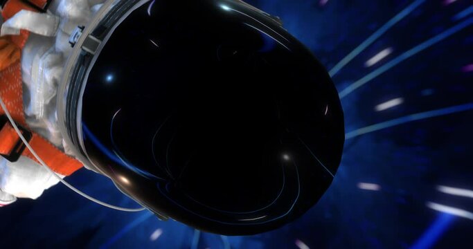 Astronaut In Space is Flying. Camera Zooming To His Helmet. Technology Related 3D Abstract Background.