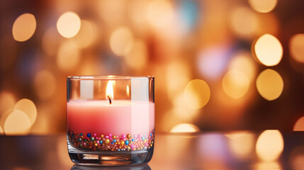 Burning candle in glass on bokeh background
