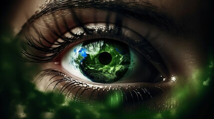Naklejka premium Planet earth in female human eye with long eyelashes. World environment and earth day. Save the planet. Environmental ecology concept.