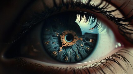 Clock watch timer in female human eye with long eyelashes. Time human age hour future past concept. - obrazy, fototapety, plakaty