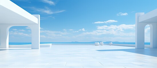 Abstract white building with blue sky background rendering of empty concrete car park with copyspace for text - Powered by Adobe
