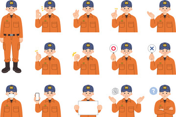 消防士の若い男性　表情とジェスチャーのイラスト素材セット