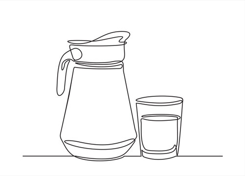 recommend clip art: One line continuous drawing of pitcher with lemonade or juice or berry drink or sangria and glass