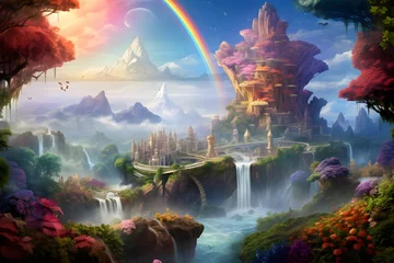 Foto op Canvas Colorful fantasy landscape with a waterfall and a rainbow in the sky © Iman