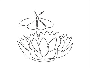 Lotus flower and butterfly isolated on white background. Continuous line drawing