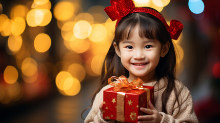 Fototapeta na wymiar Portrait of a cute little asian girl with a gift box