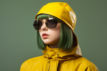 Colorful studio portrait of a cool teenager girl with age specific outfit and accessories. Bold, vibrant and minimalist. Copy space