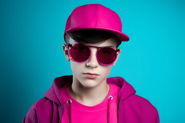 Colorful studio portrait of a cool teenager boy with age specific outfit and accessories. Bold, vibrant and minimalist. Copy space