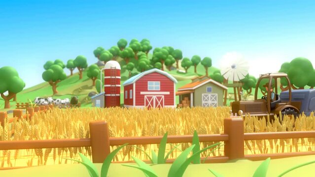 Farm with field, shed, cows and warehouse. Farmer harvesting wheat with tractor 3d animation