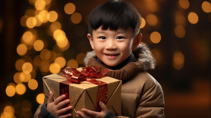 Fototapeta na wymiar Portrait of a cute little asian boy with a gift box