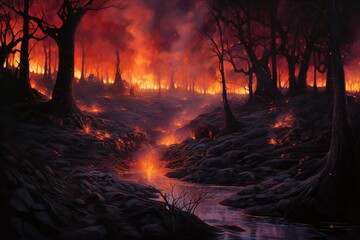 Radiant fire pierces the night, casting a vivid glow upon the darkened landscape