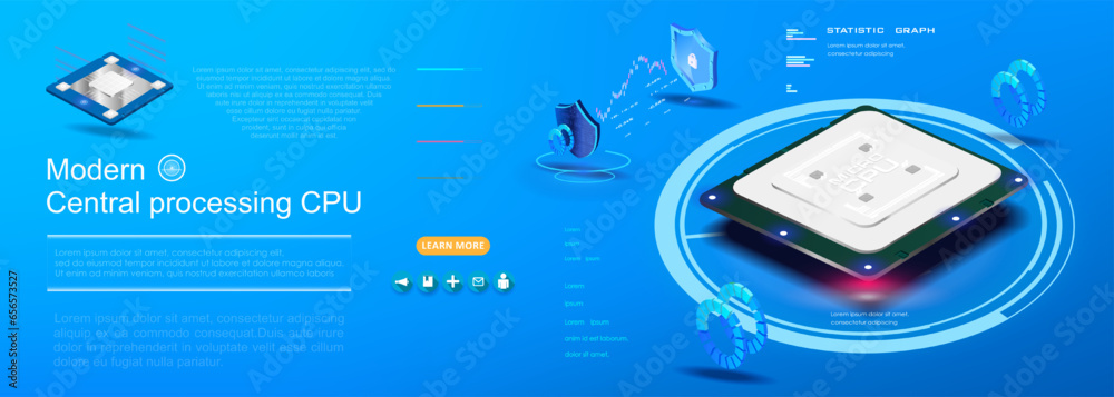 Poster model powerful processor with neon holographic backlight. processor in isometric view. the process o
