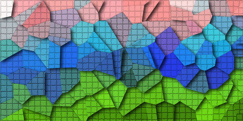 Multicolor Broken Stained Glass Background with White lines. Voronoi diagram background. Seamless pattern with 3d shapes vector Vintage Illustration background. Geometric Retro tiles pattern