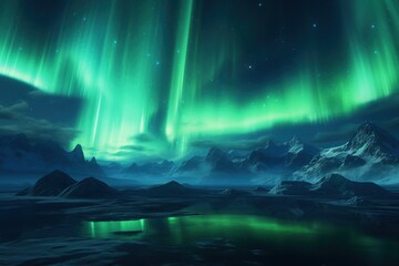 Shimmering aurora borealis simulation over an icy tundra landscape