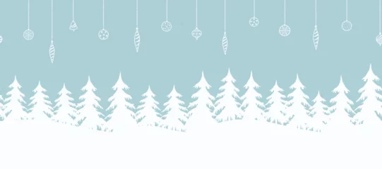 Foto op Plexiglas Christmas background. Seamless winter border. Silhouettes of white fir trees and Christmas decorations on blue background. Vector illustration © irynaalex