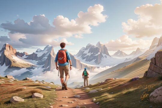 Illustration of a man hiking a trail through the mountains
