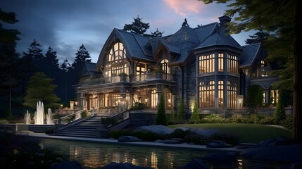3d rendering of a luxury villa in the garden at night