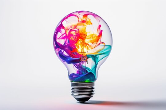 a fracturing lightbulb from which an intricate swirl of vibrant, multicolored paint erupts