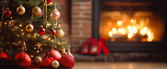 christmas tree and christmas ornaments in front of a fireplace Generative AI