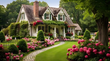Beautiful garden with blooming flowers and old house. Vintage style.