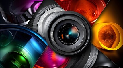 Abstract background with a lot of colorful photographic lenses. 3d rendering - obrazy, fototapety, plakaty