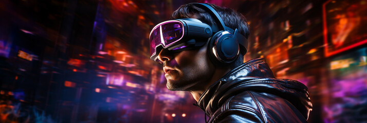 Fototapeta premium 3D Virtual Reality Headset User in Virtual Game World
