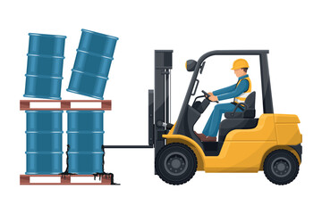 Forklift accident. Fork lift truck hitting barrel of hydraulic or petroleum oil, toxic materials. Forklift driving safety. Security First. Industrial Safety and Occupational Health