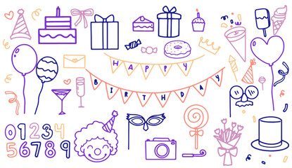cute outline line art elements of birthday. hand drawn artline of party. eps 10