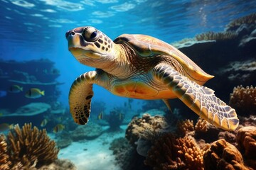 Naklejka na ściany i meble A sea turtle swimming through a colorful coral reef 