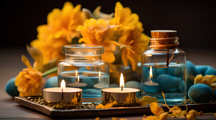 Relaxing Oils, with Aromatic Candles, Zen Moments Photography, Diwali Relaxation Essentials,  Tranquil Blues and Gentle Yellows, and Mandala, Serenity of Diwali Relaxation, Indian Personal Care Brand