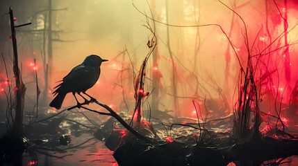 Fototapeta premium Birds in an Abstract Autumn Landscape Wallpaper Background Cover Digital Art Description AI 
