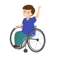 World Disability. Concept of supporting people with disabilities. Disabled person in a wheelchair makes a greeting gesture. Modern vector illustration.