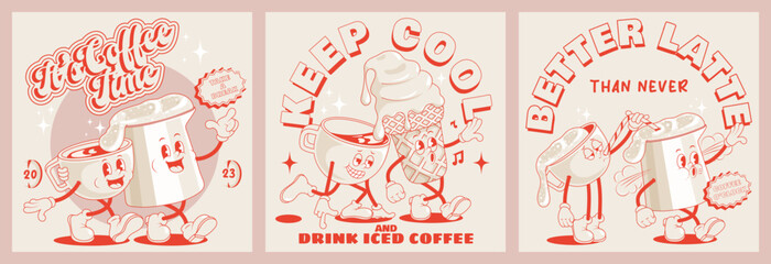 Collection cute cartoon characters of coffee, ice cream and milk foam. Vector illustration. Isolated desserts food and drink in retro nostalgic style 