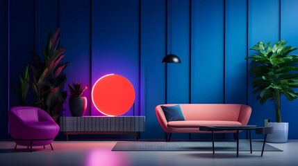 Modern living room interior with sofa and lamp. 3d render illustration