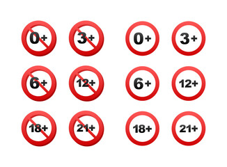 Censored 0, 3, 6, 12, 18, 21 plus sign limit concept. Age restrictions censorship Vector stock illustration
