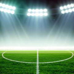 Obraz premium Green soccer field, bright spotlights, Ai generative