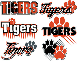 collection of tigers team designs with paw prints for school, college, or league sports