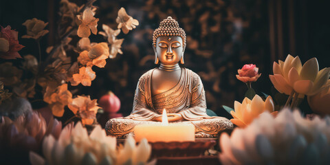 buddha statue and lotus flowers - obrazy, fototapety, plakaty