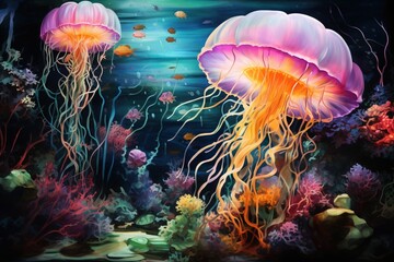 Underwater marine life, illuminated by soft watercolor hues
