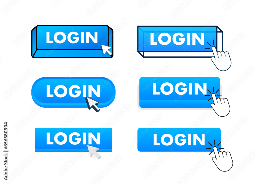 Aufkleber login button with pointer clicking. login web buttons set. user interface element in flat style. vec