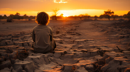 A boy sits on the dry ground. Drought concept - obrazy, fototapety, plakaty