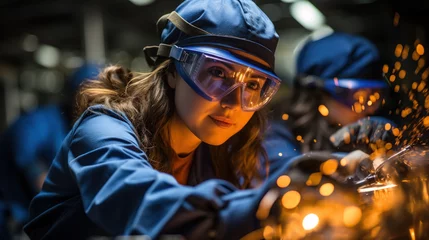 Foto op Plexiglas woman works in metal shop using grinder © Ai Inspire