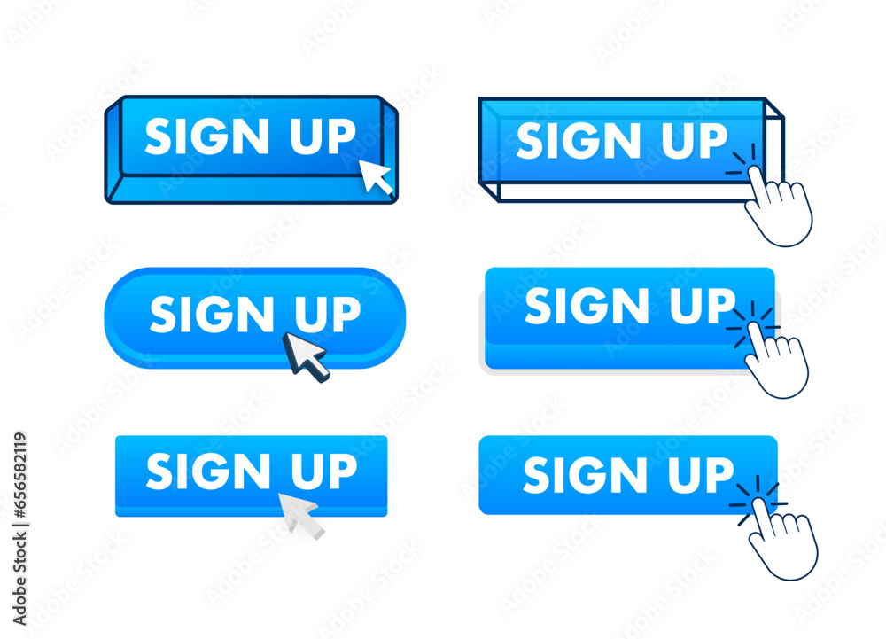 Aufkleber sign up button with pointer clicking. sign up web buttons set. user interface element in flat style.