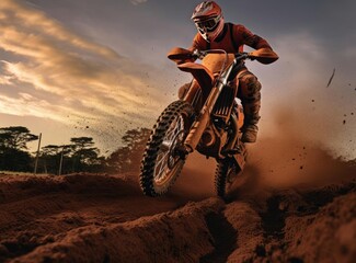 Motorcyclist jumping with a motorcycle in the mud
